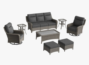 OuterCraft 8-piece dark PE rattan patio set with 3-seater sofa, 360-degree swivel rocker chairs, ottomans, side table and coffee table set with 6-inch thick dark gray cushions on clean white background