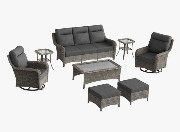 OuterCraft 8-piece dark PE rattan patio set with 3-seater sofa, 360-degree swivel rocker chairs, ottomans, side table and coffee table set with 6-inch thick dark gray cushions on clean white background