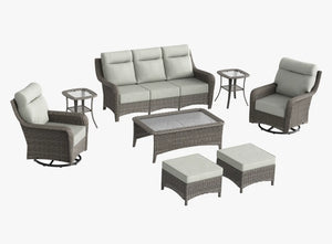 OuterCraft 8-piece dark PE rattan patio set with 3-seater sofa, 360-degree swivel rocker chairs, ottomans, side table and coffee table set with 6-inch thick light gray cushions on clean white background