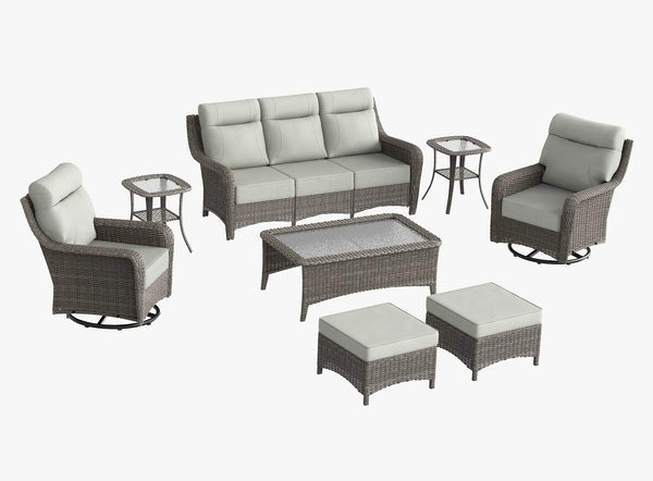 OuterCraft 8-piece dark PE rattan patio set with 3-seater sofa, 360-degree swivel rocker chairs, ottomans, side table and coffee table set with 6-inch thick light gray cushions on clean white background