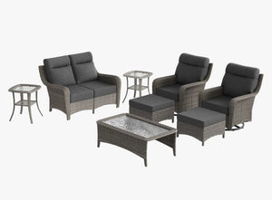 OuterCraft 8-piece dark PE rattan patio set with loveseat, 360-degree swivel rocker chairs, ottomans, coffee table and side table set with 6-inch thick dark gray cushions on clean white background