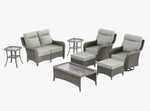 OuterCraft 8-piece dark PE rattan patio set with loveseat, 360-degree swivel rocker chairs, ottomans, coffee table and side table set with 6-inch thick light gray cushions on clean white background