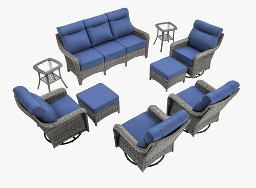 OuterCraft 9-piece dark PE rattan patio set with 3-seater sofa, 360-degree swivel rocker chairs, ottomans and side tables set with 6-inch thick blue cushions on clean white background