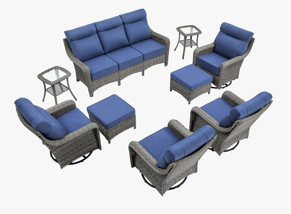 OuterCraft 9-piece dark PE rattan patio set with 3-seater sofa, 360-degree swivel rocker chairs, ottomans and side tables set with 6-inch thick blue cushions on clean white background