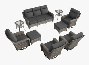 OuterCraft 9-piece dark PE rattan patio set with 3-seater sofa, 360-degree swivel rocker chairs, ottomans and side tables set with 6-inch thick dark gray cushions on clean white background