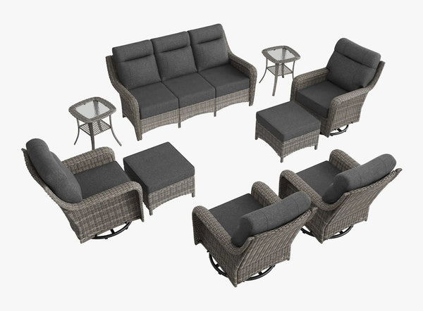 OuterCraft 9-piece dark PE rattan patio set with 3-seater sofa, 360-degree swivel rocker chairs, ottomans and side tables set with 6-inch thick dark gray cushions on clean white background