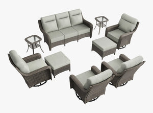 OuterCraft 9-piece dark PE rattan patio set with 3-seater sofa, 360-degree swivel rocker chairs, ottomans and side tables set with 6-inch thick light gray cushions on clean white background