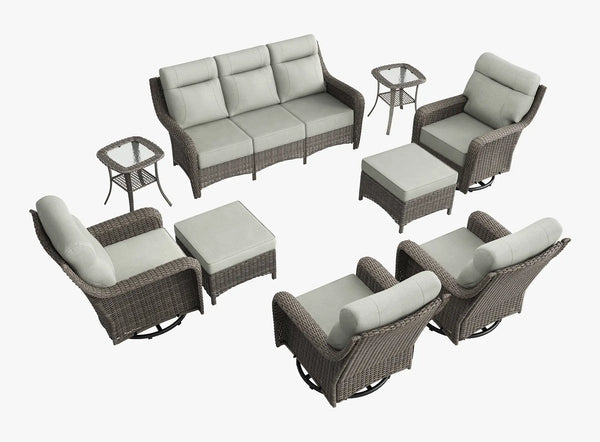 OuterCraft 9-piece dark PE rattan patio set with 3-seater sofa, 360-degree swivel rocker chairs, ottomans and side tables set with 6-inch thick light gray cushions on clean white background
