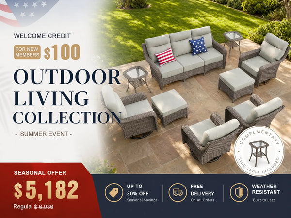 OuterCraft 9-piece dark PE rattan patio furniture set with 3-seater sofa, swivel rocker chairs, ottomans, side tables and light gray cushions styled on a grand estate patio