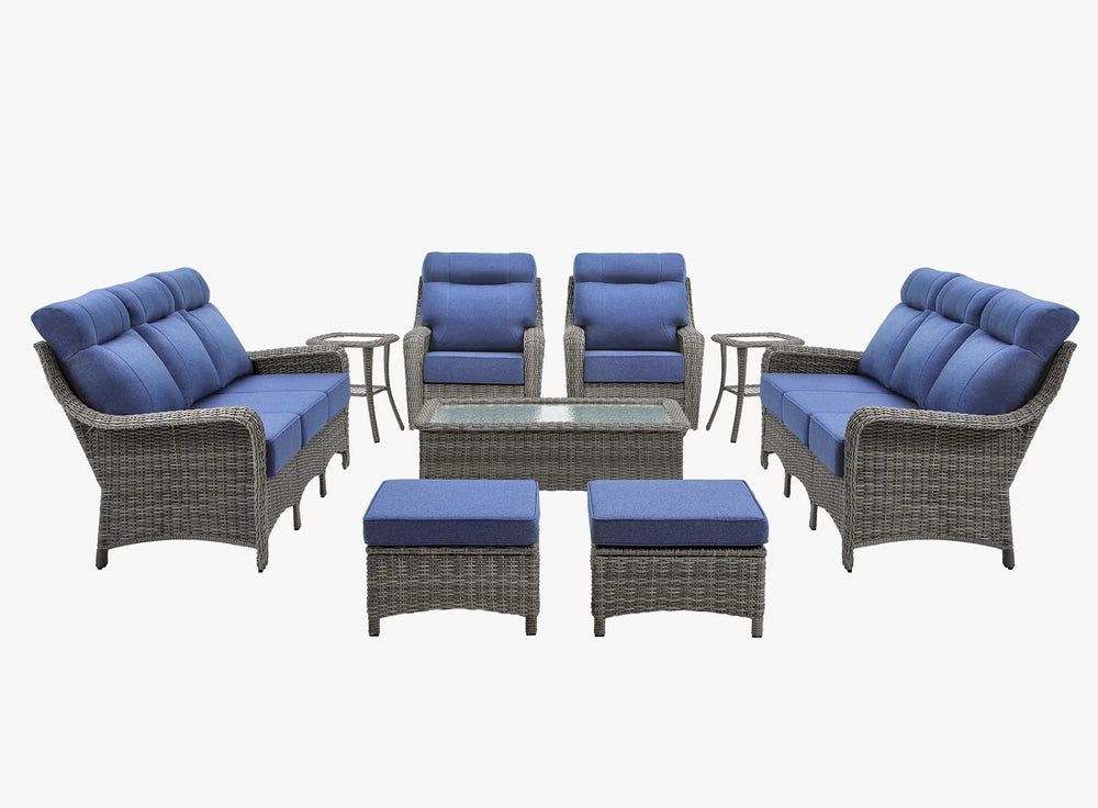 OuterCraft 9-piece dark PE rattan patio set with 3-seater sofas, 360-degree swivel rocker chairs, ottomans, coffee table and side tables with 6-inch thick blue cushions on clean white background