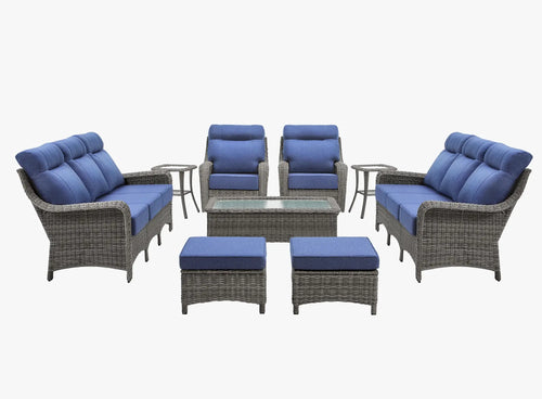 OuterCraft 9-piece dark PE rattan patio set with 3-seater sofas, 360-degree swivel rocker chairs, ottomans, coffee table and side tables with 6-inch thick blue cushions on clean white background