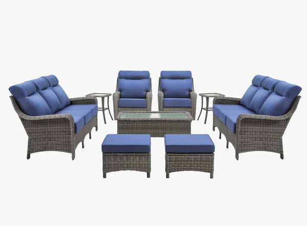 OuterCraft 9-piece dark PE rattan patio set with 3-seater sofas, 360-degree swivel rocker chairs, ottomans, coffee table and side tables with 6-inch thick blue cushions on clean white background