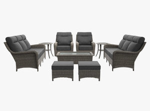OuterCraft 9-piece dark PE rattan patio set with 3-seater sofas, 360-degree swivel rocker chairs, ottomans, coffee table and side tables with 6-inch thick dark gray cushions on clean white background