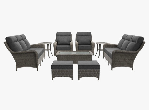 OuterCraft 9-piece dark PE rattan patio set with 3-seater sofas, 360-degree swivel rocker chairs, ottomans, coffee table and side tables with 6-inch thick dark gray cushions on clean white background