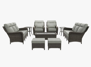 OuterCraft 9-piece dark PE rattan patio set with 3-seater sofas, 360-degree swivel rocker chairs, ottomans, coffee table and side tables with 6-inch thick light gray cushions on clean white background