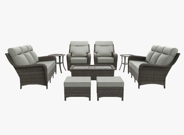 OuterCraft 9-piece dark PE rattan patio set with 3-seater sofas, 360-degree swivel rocker chairs, ottomans, coffee table and side tables with 6-inch thick light gray cushions on clean white background