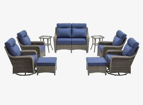 OuterCraft 9-piece dark PE rattan patio set with loveseat, 360-degree swivel rocker chairs, ottomans and side table set with 6-inch thick blue cushions on clean white background