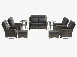 OuterCraft 9-piece dark PE rattan patio set with loveseat, 360-degree swivel rocker chairs, ottomans and side table set with 6-inch thick dark gray cushions on clean white background