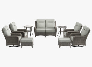 OuterCraft 9-piece dark PE rattan patio set with loveseat, 360-degree swivel rocker chairs, ottomans and side table set with 6-inch thick light gray cushions on clean white background