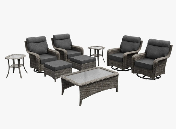 OuterCraft 9-piece dark PE rattan patio set with 360-degree swivel rocker chairs, ottomans, coffee table and side table set with 6-inch thick dark gray cushions on clean white background