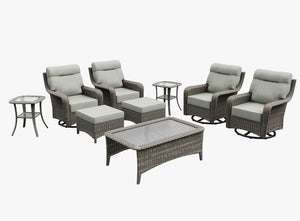 OuterCraft 9-piece dark PE rattan patio set with 360-degree swivel rocker chairs, ottomans, coffee table and side table set with 6-inch thick light gray cushions on clean white background