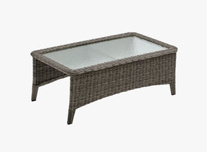 OuterCraft dark PE rattan hand-woven coffee table with glass top on clean white background