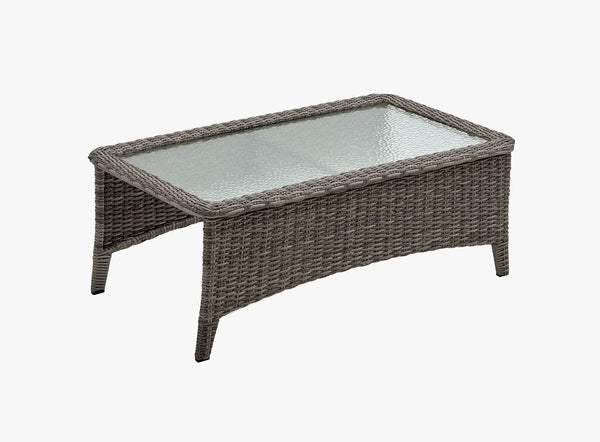 OuterCraft dark PE rattan hand-woven coffee table with glass top on clean white background