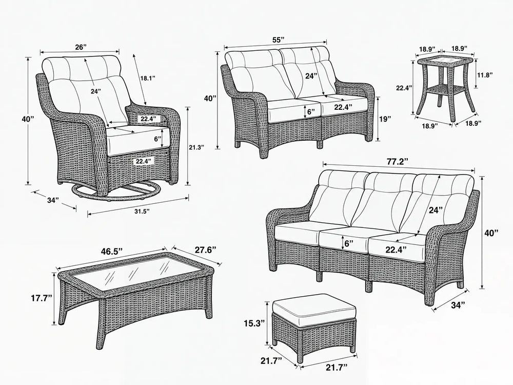 The Monolith 6-Piece Swivel Rocker & Ottoman Lounge Set (4 Chairs + 2 Ottomans)