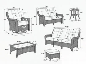 OuterCraft Dark Wicker Estate Collection dimension blueprint highlighting luxury outdoor furniture specifications.