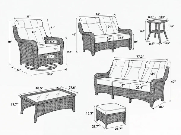 OuterCraft Dark Wicker Estate Collection dimension blueprint highlighting luxury outdoor furniture specifications.