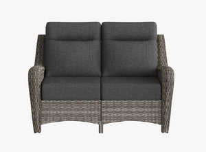 OuterCraft all-weather dark PE rattan loveseat and 6-inch thick dark gray  cushions on clean white background