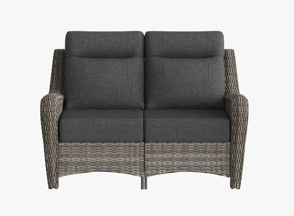 OuterCraft all-weather dark PE rattan loveseat and 6-inch thick dark gray  cushions on clean white background