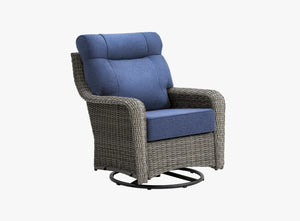 OuterCraft dark PE rattan 360-degree swivel rocker chairs and 6-inch thick blue cushions on clean white background