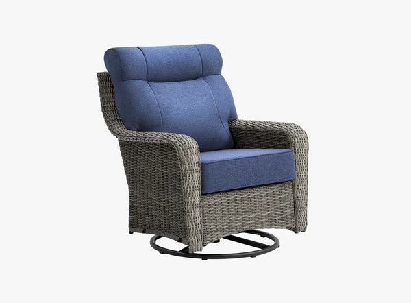 OuterCraft dark PE rattan 360-degree swivel rocker chairs and 6-inch thick blue cushions on clean white background