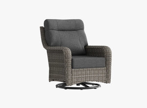 OuterCraft dark PE rattan 360-degree swivel rocker chairs and 6-inch thick dark gray cushions on clean white background