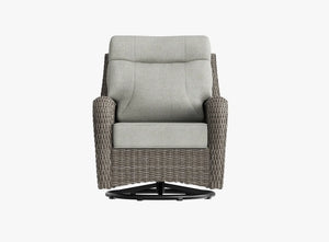 OuterCraft dark PE rattan 360-degree swivel rocker chairs and 6-inch thick light gray cushions on clean white background