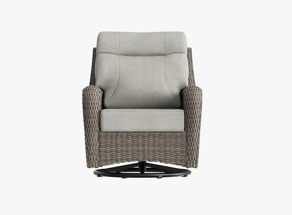 OuterCraft dark PE rattan 360-degree swivel rocker chairs and 6-inch thick light gray cushions on clean white background