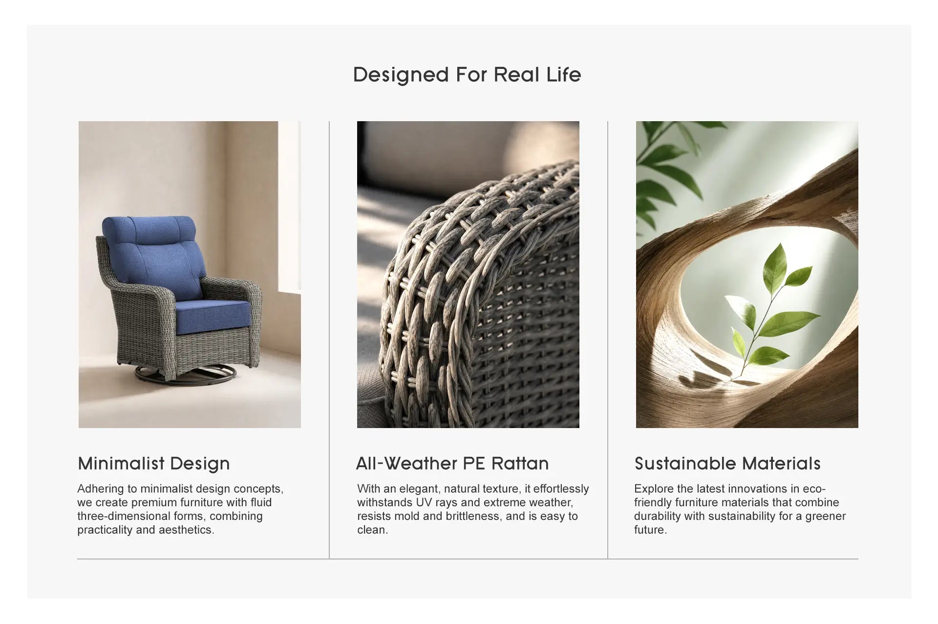 OuterCraft Designed For Real Life feature section showing minimalist swivel rocker chair, macro detail of all-weather PE rattan weave, and sustainable eco-friendly furniture materials