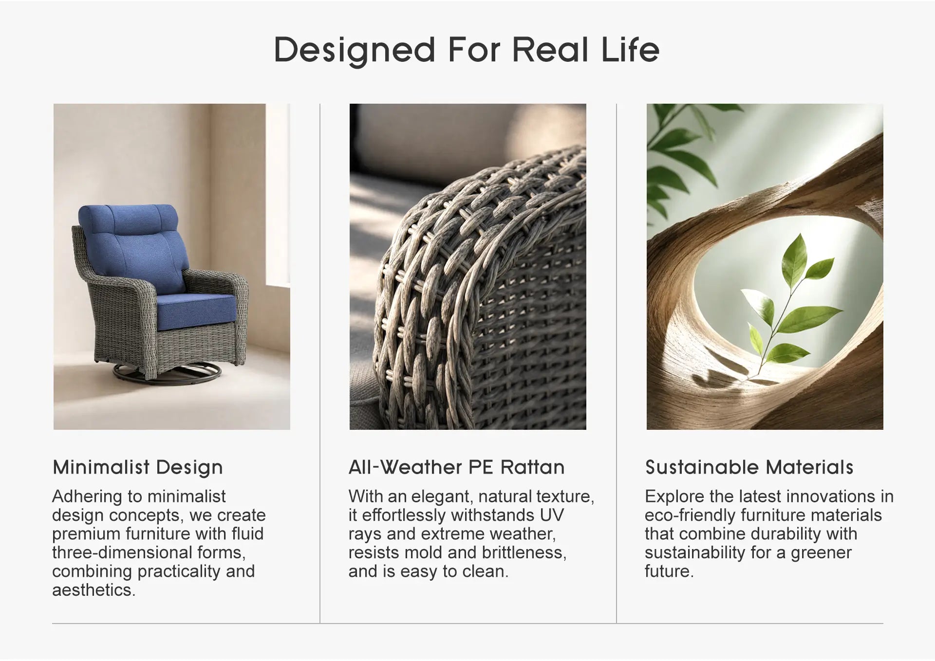 OuterCraft outdoor furniture engineering features including ergonomic high-back seating, weather-resistant PE rattan macro weave, and eco-friendly materials