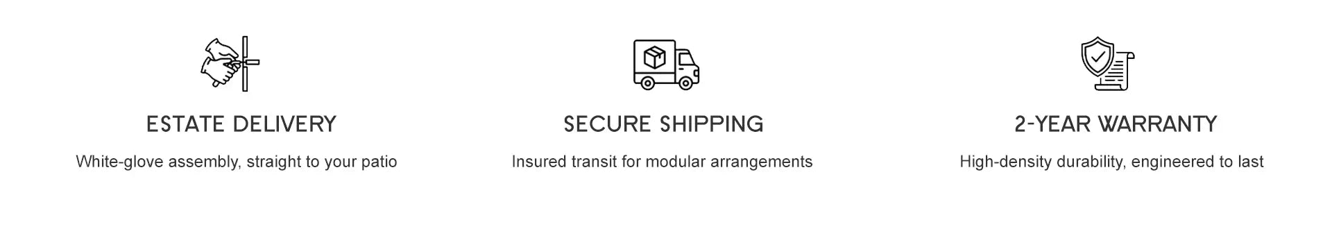 OuterCraft trust badges featuring estate delivery with white-glove assembly, insured secure freight shipping for modular patio furniture, and 2-year high-density durability warranty