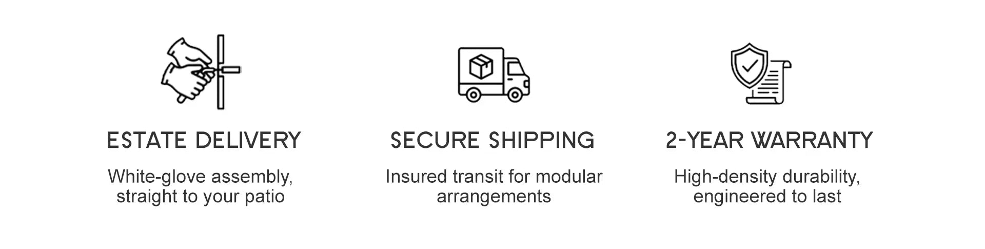 OuterCraft premium service commitments white-glove patio delivery, insured freight shipping, and 2-year engineered warranty