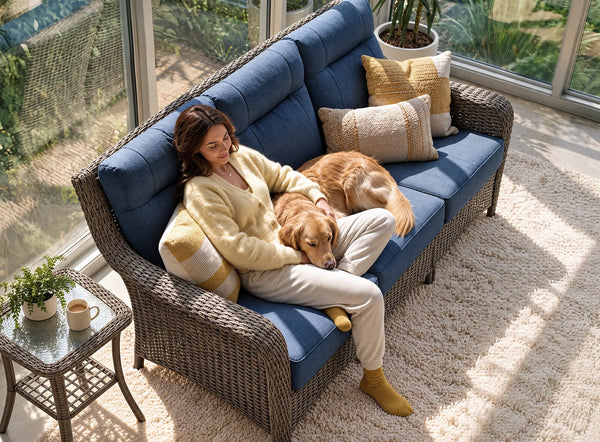 OuterCraft 3-seater wicker sofa with blue cushions showcased in a cozy sunroom lifestyle setting.