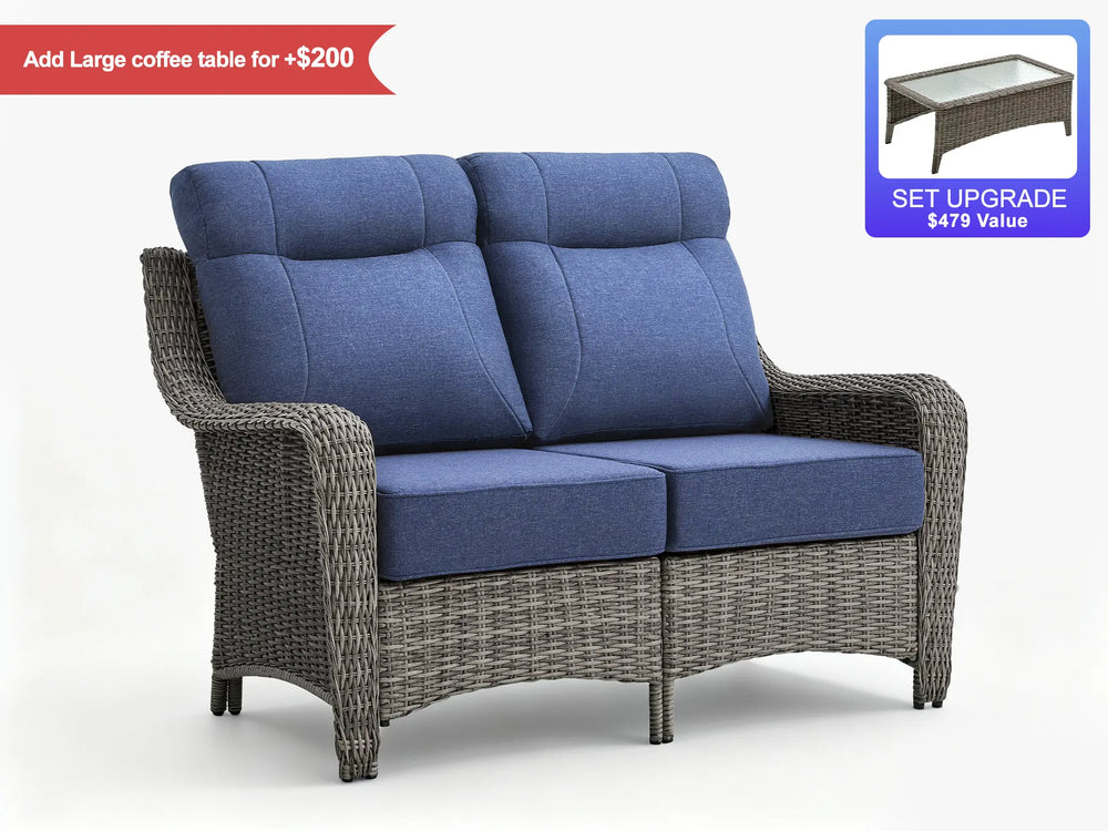 OuterCraft loveseat wicker with blue cushions and modular set upgrade options on clean white background.