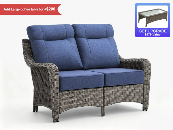 OuterCraft loveseat wicker with blue cushions and modular set upgrade options on clean white background.