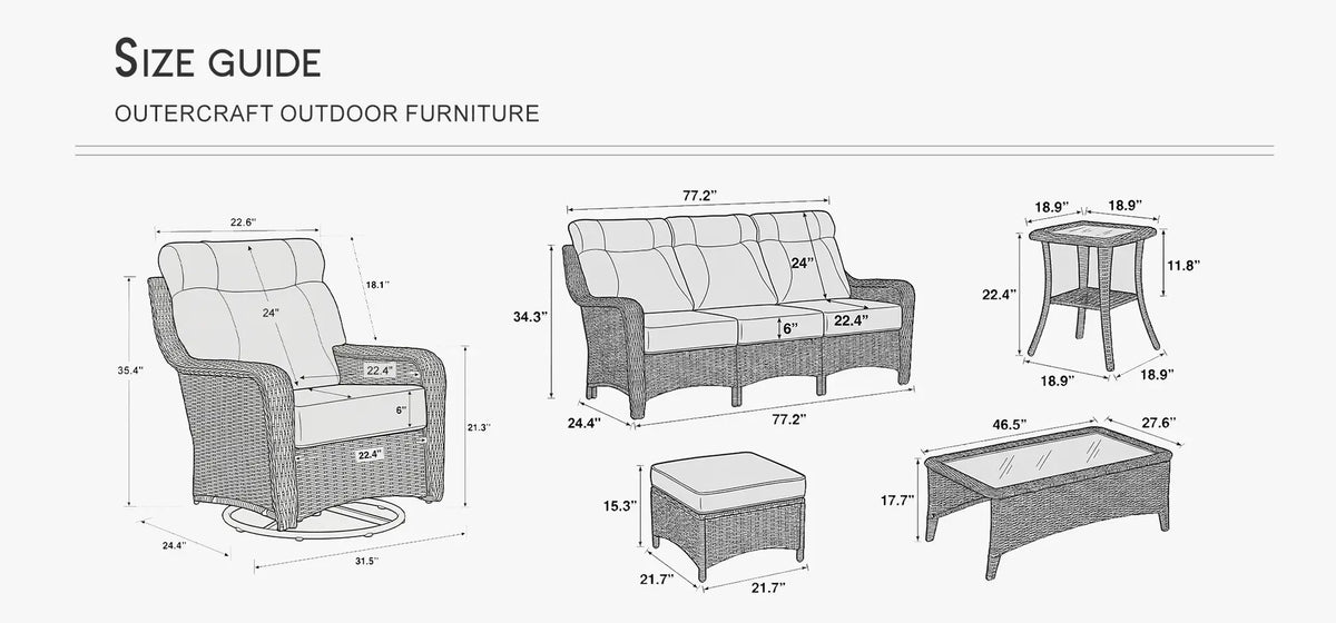 OuterCraft outdoor furniture size guide diagram detailing dimensions for 3-seat sofa, swivel rocker chair, coffee table, 2-tier side table, and ottoman