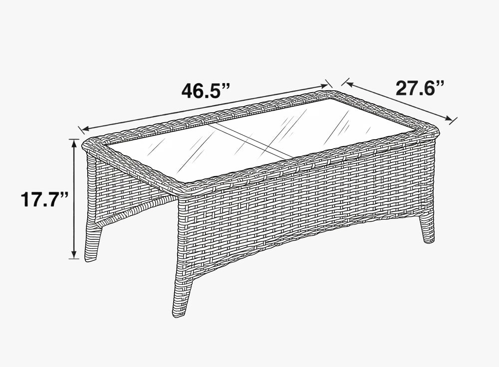 OuterCraft dark PE wicker rectangle outdoor coffee table with tempered glass top styled on sunlit patio