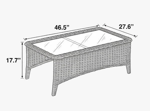 OuterCraft outdoor dark wicker coffee table size guide showing detailed dimensions of 46.5 inches length, 27.6 inches width, and 17.7 inches height
