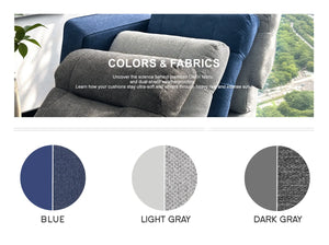 OuterCraft outdoor patio furniture cushion colors and fabric swatches guide in blue, light gray, and dark gray