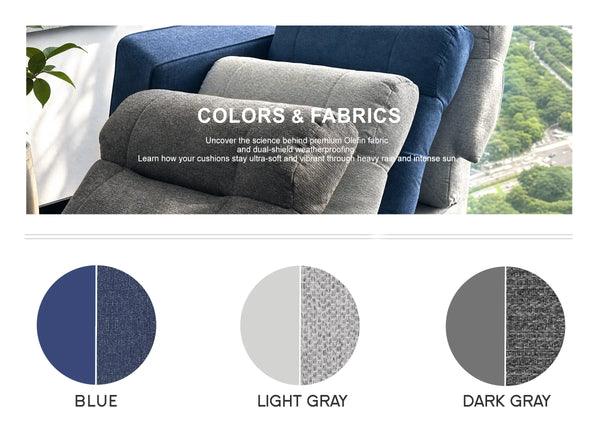 OuterCraft outdoor patio furniture cushion colors and fabric swatches guide in blue, light gray, and dark gray