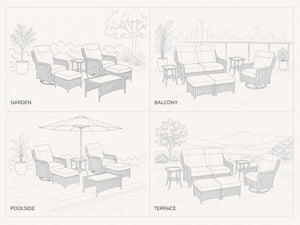 OuterCraft outdoor patio furniture spatial layout guide for garden, balcony, poolside, and terrace setup options